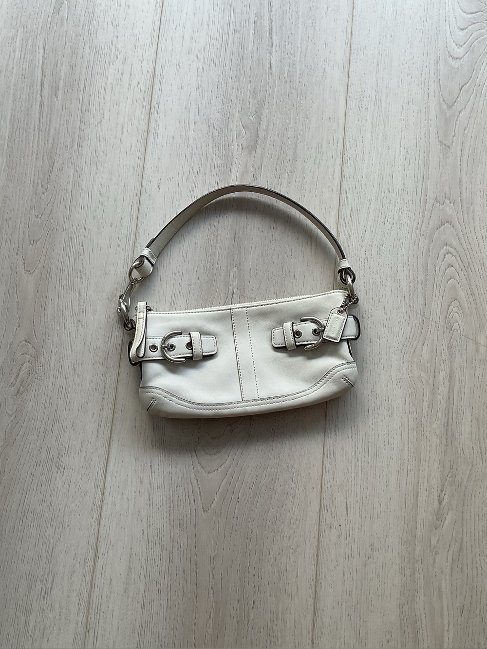 Coach White Leather Shoulder Bag with Buckle Accents